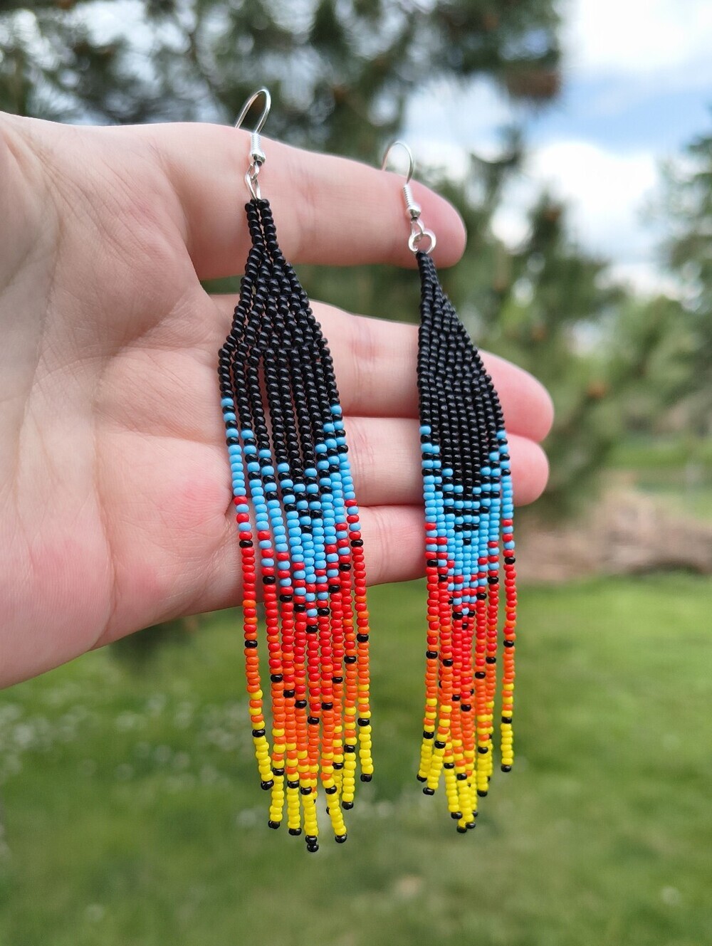 Native American Handmade Beaded Fringe Earrings Black Sunset Gradient - Picture 4 of 8